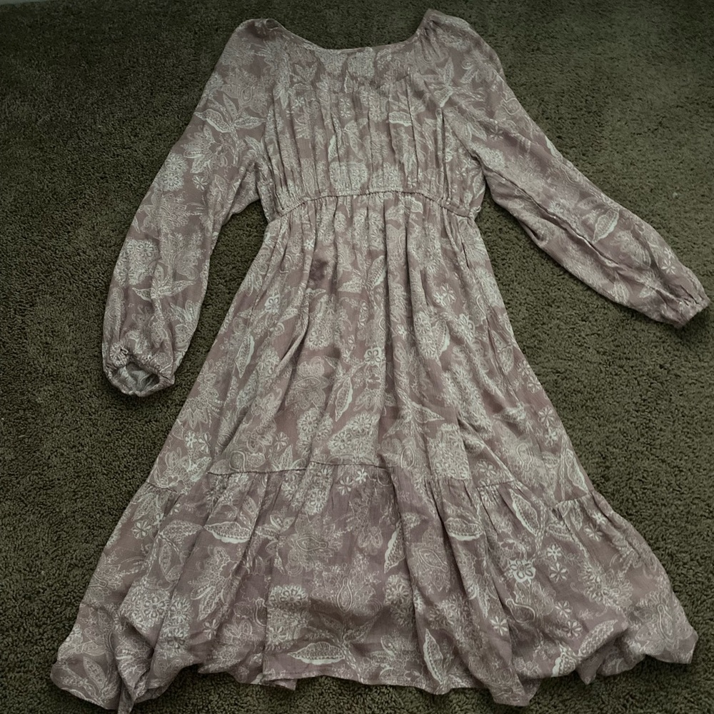 purple and white midi dress